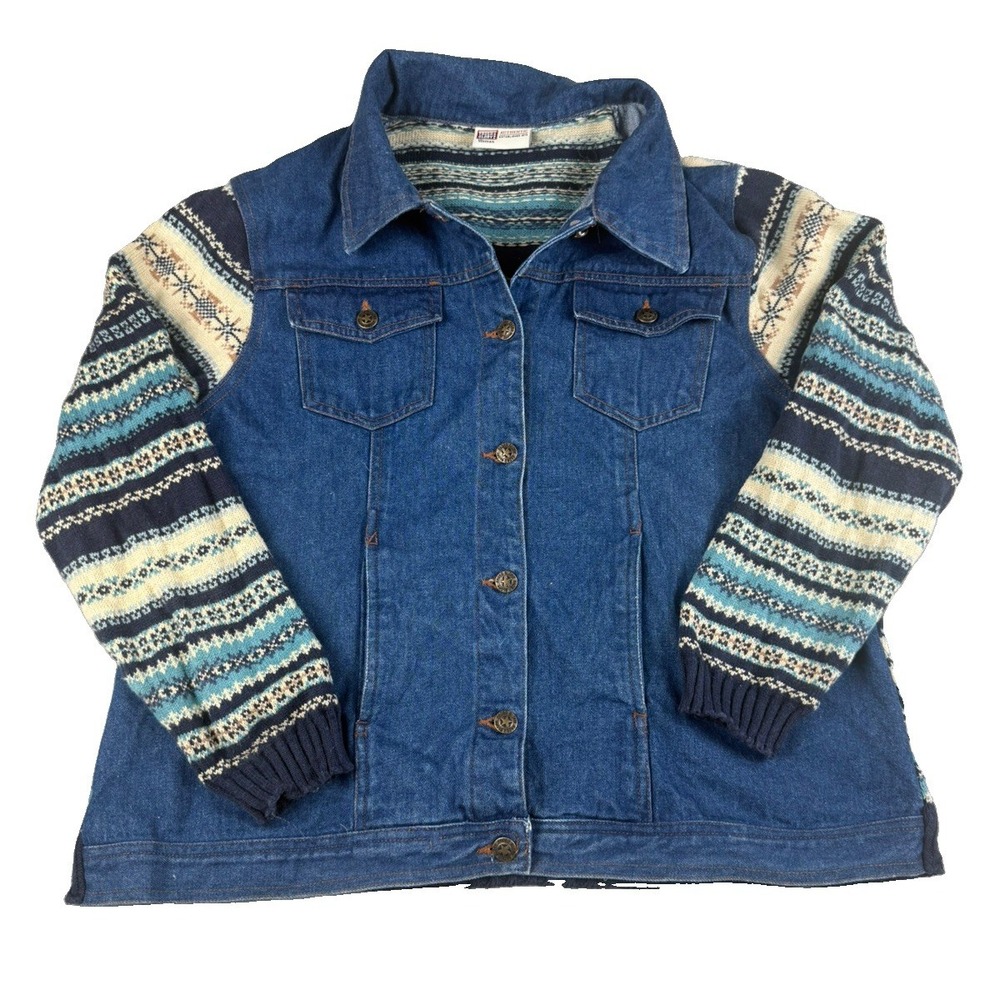 Faded Glory Womens L Denim Jacket Fair Isle Knit Sweater Western Trucker